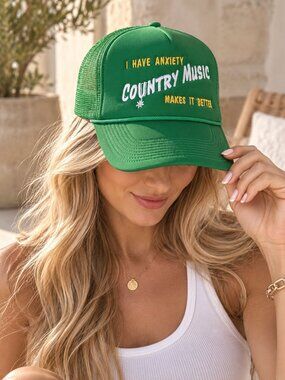 Country Music Anxiety Graphic Trucker Hat Kelly Green Embroidered Rope OS